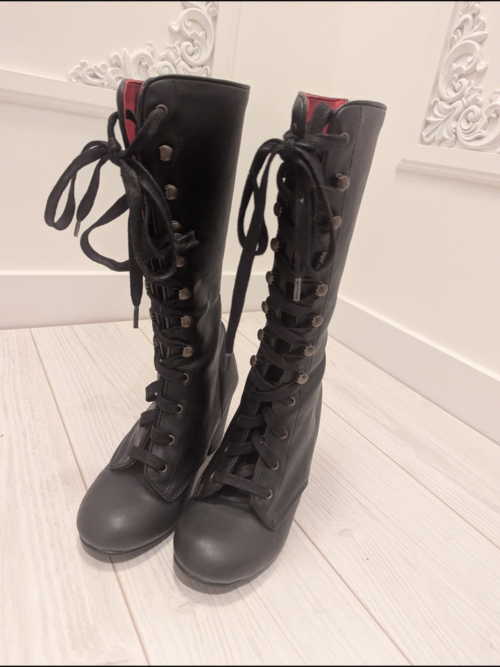 Demonia Vivika-205 Black Lace-Up Mid-Calf Heeled Boots - Picture 4 of 8